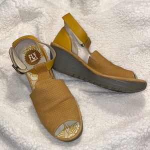 Fly London Yall in Borg in yellow wedge sandal